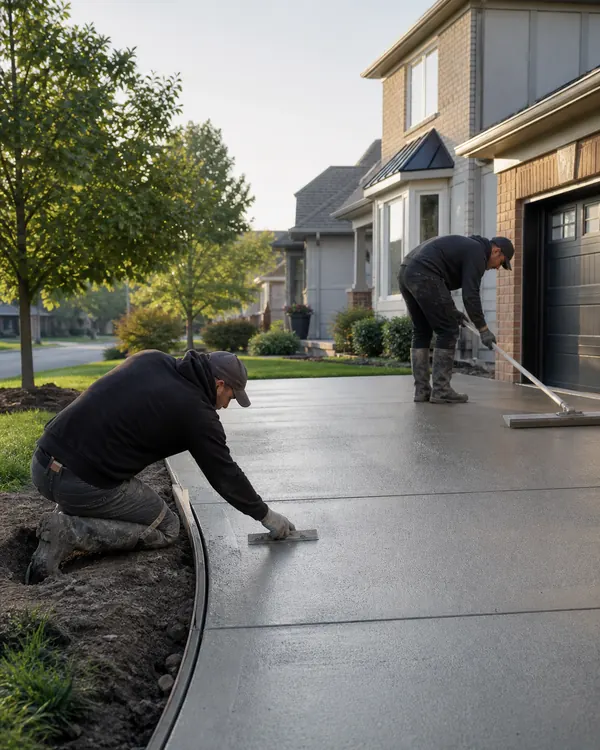 Concrete contractors finishing a residential driveway in Kitchener-Waterloo