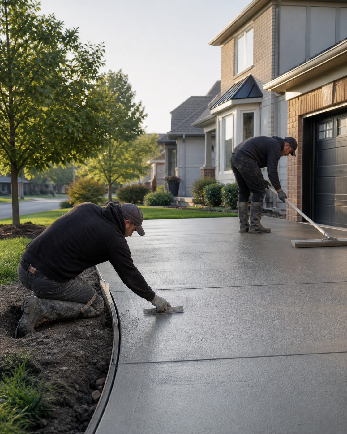 Concrete contractors finishing a residential driveway in Kitchener-Waterloo